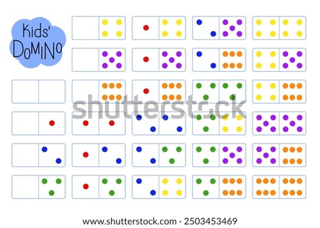Domino for kids, learning counting, fun educational activity for logic thinking development, bright multi-colored dots illustration printable worksheet for group board game, teacher resources