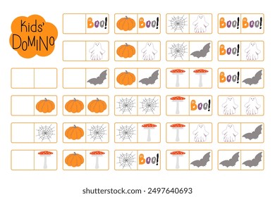 Domino for kids, learning Halloween autumn holiday illustration, vocabulary fun educational activity for logic thinking development, printable worksheet for group board game, teacher resources