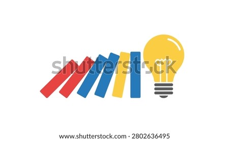 Domino pieces falling in a sequence towards a glowing yellow lightbulb illustrating the power of chain reaction and creative impact.