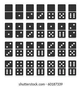 Domino set of 28 pieces. Shadows and reflections on white background.