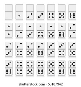 Domino set of 28 pieces. Shadows and reflections on white background.