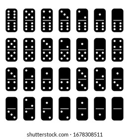 Domino set of 28 tiles. Black pieces with white dots. Simple flat vector illustration.