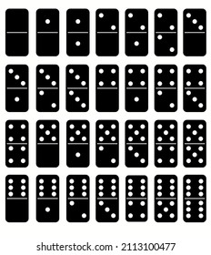 Domino set of 28 tiles. Black pieces with whate dots