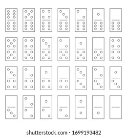 Domino set of 28 tiles. Thin black outline pieces with dots. Simple flat vector illustration.