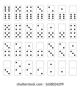 Domino set of 28 tiles. White pieces with black dots. Simple flat vector illustration.