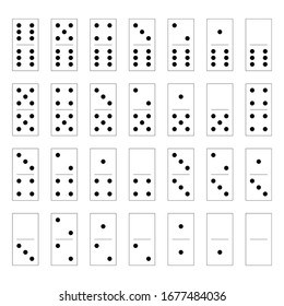 Domino set of 28 tiles. White pieces with black dots. Simple flat vector illustration.