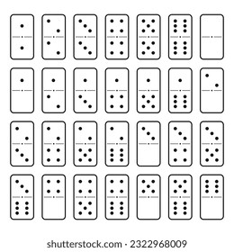 Domino set of 28 tiles. White pieces with black dots.