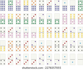 Domino set of 55 tiles with white pieces with colorful dots