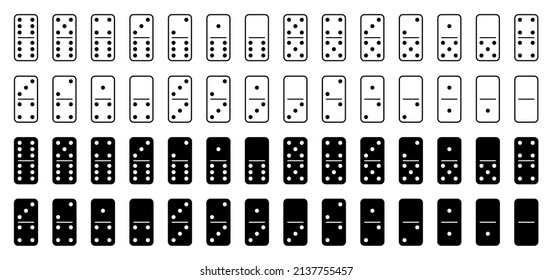 Domino set for game. White and black stone pieces icons with numbers on board isolated, illustration. Wooden card pieces, bricks for tournament. Flat bone dominoes blocks for play. Vector EPS10.