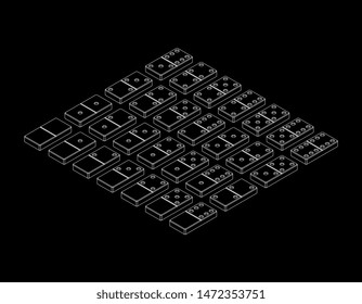 Domino set. Isolated on black background. Vector outline illustration. Isometric projection.