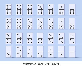 Domino Set Vector Realistic 3D bricks Illustration. white bones with black number dots, standing isolated