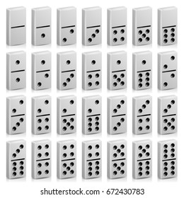 Domino Set Vector Realistic 3D Illustration. White Color. Full Classic Game Dominoes Isolated On White. Modern Collection 28 Pieces