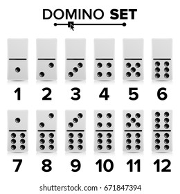 Domino Set Vektorrealistische Illustration. Weiße Farbe. Dominoknochen einzeln auf Weiß. Moderne Kollektion