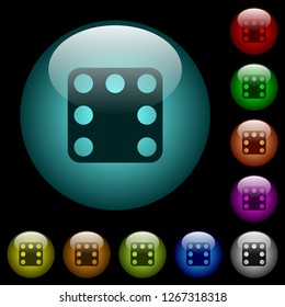 Domino seven icons in color illuminated spherical glass buttons on black background. Can be used to black or dark templates