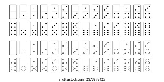 Domino tiles. Classic dominoes, domino's pictogram. Playing, parts of game full bones tiles. Black, white domino. Flat vector set. 28 pieces. White chip of domino on board for gambling. 