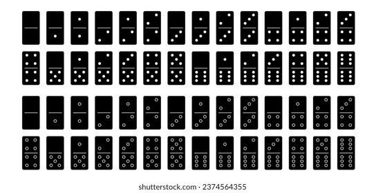 Domino-Fliesen und Auge. Klassische Dominosteine, Piktogramm des Domino. Spielen, Teile des Spiels volle Knochen Kacheln. Schwarz-Weiß-Domino. Vektorset. 28 Stück. Weißer Stechchip für das Spielen an Bord. 