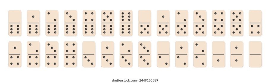 Domino tiles icon full set. Realistic dominoes bones. 28 pieces for game graphic element. Vector illustration EPS 10