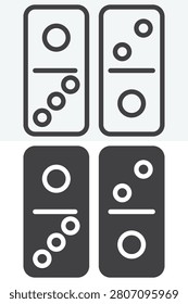 Domino tiles icon set in line, outline and solid style. Editable stroke vector sign and symbol with two dominoes and dots. Domino icon icon for game recreation.