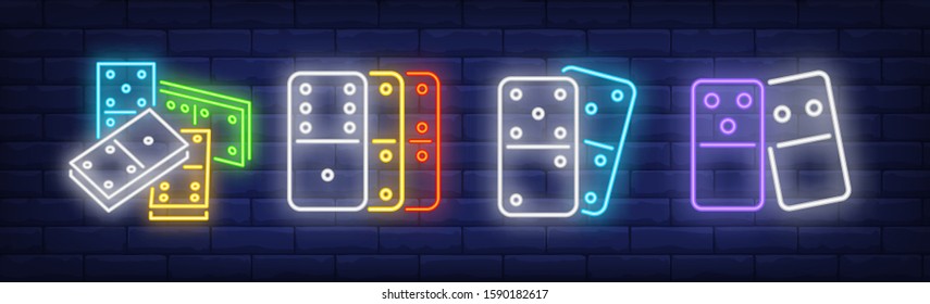 Domino tiles neon sign set. Play, game, activity. Vector illustration in neon style, bright banner for topics like strategy, entertainment, leisure, recreation