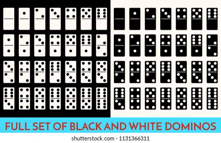 Domino White and black Color Set . Full Classic Game Dominoes bones Isolated On White. Modern Collection Vector Illustration Flat style