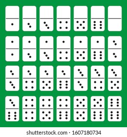 Domino. White color isolated on green background. Flat style. A complete classic domino game. Collection of 28 pieces. Vector illustration