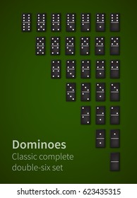 Dominoes black bones double-six set, realistic vector dice illustration icons on casino table background