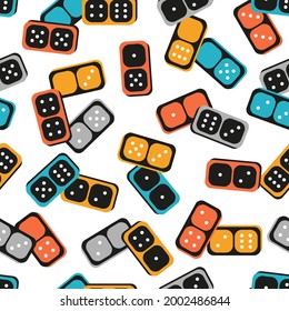 Dominoes Board Game Seamless Pattern. Background with Scattered Colorful Domino Stones. Vector illustration