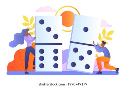 Dominoes board games symbol of team hardwork to reaching global business goal. Difficulties in matching clients needs and company product or service. Flat abstract metaphor vector concept design