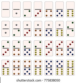 Dominoes bones set 28 pieces for game with colored dots - isolated vector illustration