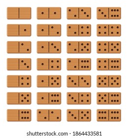Dominoes - complete game set, collection of 28 arranged wooden textured tiles. Isolated vector illustration on white background.
