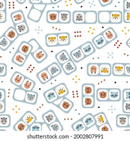 Dominoes with Cute Forest Animal Faces for kids. Seamless Pattern for kids. Colorful Baby Background with Domino Stones with Fox, Hare, Wolf, Owl, Bear and Raccoon Drawings. Vector illustration