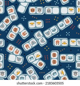 Dominoes with Cute Forest Animal Faces for kids. Vector Seamless Pattern for kids. Colorful Baby Background with Domino Stones with Fox, Hare, Wolf, Owl, Bear and Raccoon Drawings.