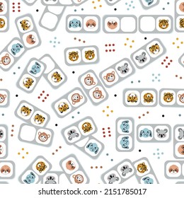 Dominoes with Cute Tropical Animal Faces for kids. Vector Seamless Pattern for kids. Colorful Baby Background with Domino Stones with Leopard, Monkey, Elephant, Sloth, Koala, Tiger Drawings.