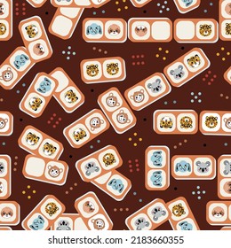 Dominoes with Cute Tropical Animal Faces. Vector Seamless Pattern for kids. Colorful Baby Background with Domino Stones with Leopard, Monkey, Elephant, Sloth, Koala, Tiger.