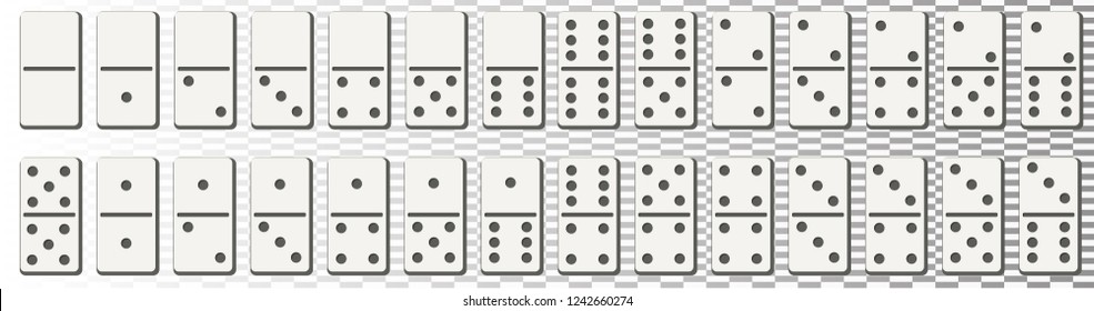 Dominoes or domino tiles white vector isolated 3D realistic mockups with black spots number for game on transparent background.Abstract concept 28 pieces for game graphic element