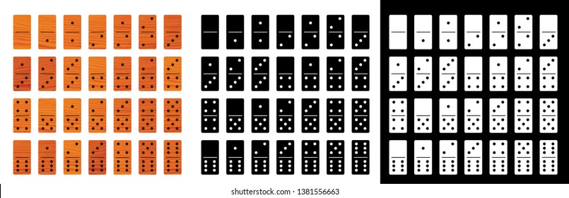 Dominoes, dominos pictogram. Domino game full set bones tiles. Black, white, wooden domino effect. Flat wood  vector icon or symbol. Business Stopping stop stops continuous 28 pieces flat style