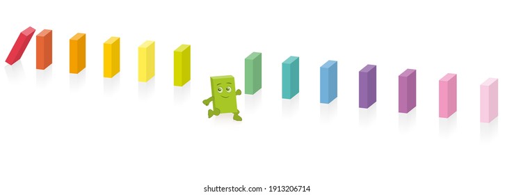 Dominoes, interrupted chain reaction because of an outsider who is running away, rebelling, protesting, getting out of the system, breaking the chain, stopping, disconnecting, blocking.
