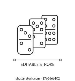 Dominoes pixel perfect linear icon. Traditional tabletop game, gambling activity thin line customizable illustration. Contour symbol. Domino pieces vector isolated outline drawing. Editable stroke