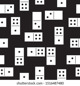 Dominoes. Seamless pattern of monochrome domino game pieces with dot black symbol numbers one, two, four on black or dark background 