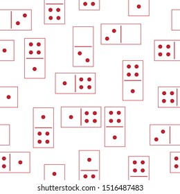 Dominoes. Seamless pattern of monochrome domino game pieces with dot red symbol numbers one, two, four on white background 