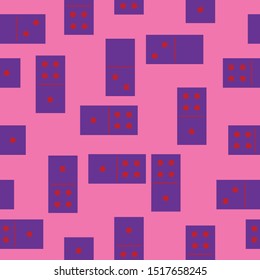 Dominoes. Seamless pattern of vibrant violet domino game pieces in random layout with dot red symbol numbers one, two, four on hot pink background. For fabric design, interior print, wrapping paper.