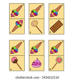 Dominoes with sweets. Children educational game. Printable activity, board game. Candy for kids. Vector illustration. Chocolate, lollipops, ice cream and marshmallows.