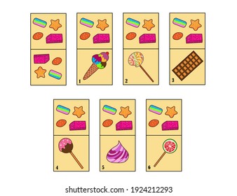 Dominoes with sweets. Children educational game. Printable activity, board game. Candy for kids. Vector illustration. Chocolate, lollipops, ice cream and marmalade.