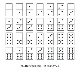 Ícones dominós definidos. Dados pretos e brancos com pontos. Jogo de sorte e fortuna. Entretenimento, diversão e lazer. Jogo e brinquedo. Coleção de vetores lineares isolada no plano de fundo branco