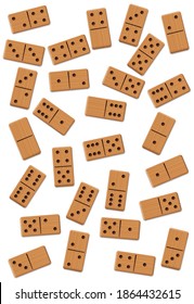 Dominos, scattered, shuffled, mixed up,loosely arranged messy set of 28 wooden tiles. Isolated vector illustration on white background.
