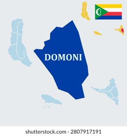 Domoni Comoros Map and Flag - Second Largest City on Anjouan Island, Former Island Capital and East Coast Town Vector Outline.