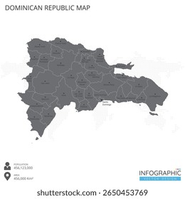 Mapa da República Domônica altamente detalhado com regiões e cidades do país sobre fundo branco. Ilustração vetorial EPS10.