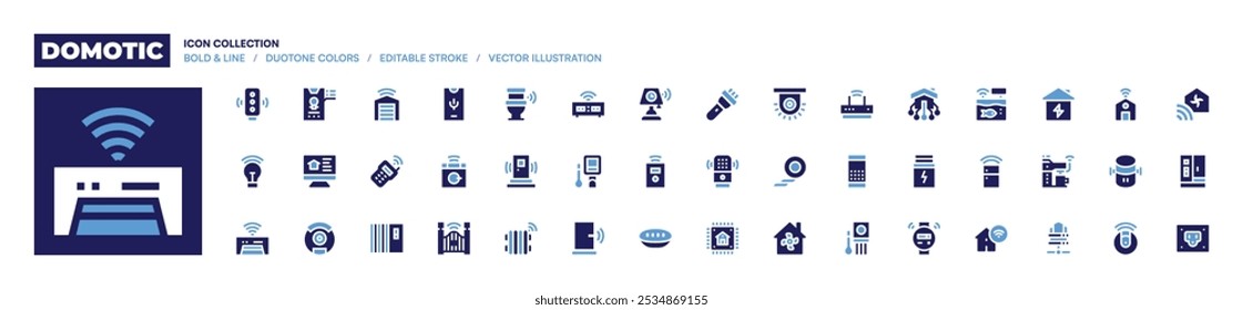 Domotic icon collection. Bold style. Duotone colors. lightbulb, smart home, remote control, washing machine, heater, air conditioner, gate, vacuum cleaner.