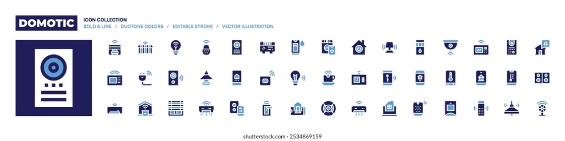 Colección de iconos domóticos. Estilo audaz. Garaje, luz inteligente, horno de microondas, calentador, toma de corriente, aire acondicionado, sombra, altavoz.