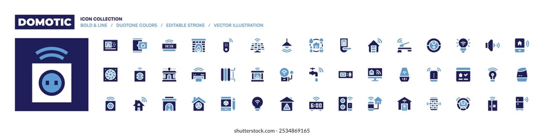 Domotic icon collection. Bold style. Duotone colors. domotics, video, alarm clock, fan, socket, fireplace, smartphone, printer, ventilation.